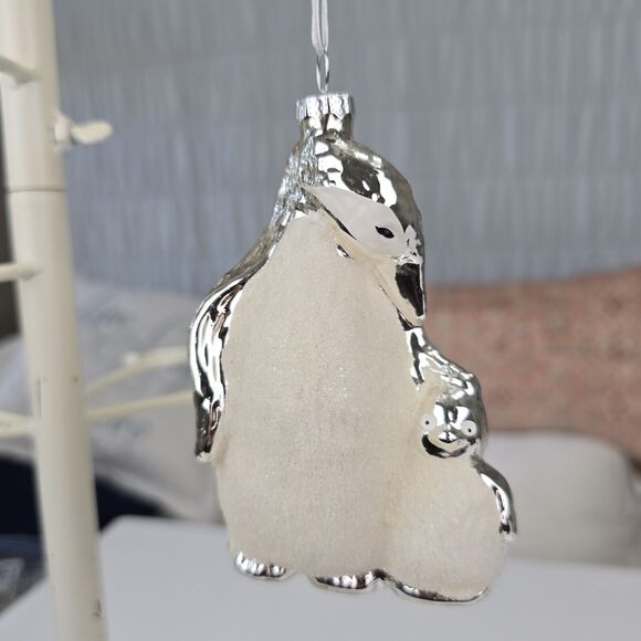 Mother and Baby Penguin Blown Glass Christmas Ornament - Picture 1 of 7